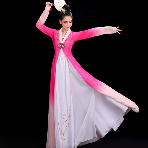 Pink with white gradient Chinese folk dance dress fairy hanfu Tao Li Cup Chinese Folk Traditional Classical Dance Costume for Women with headdress